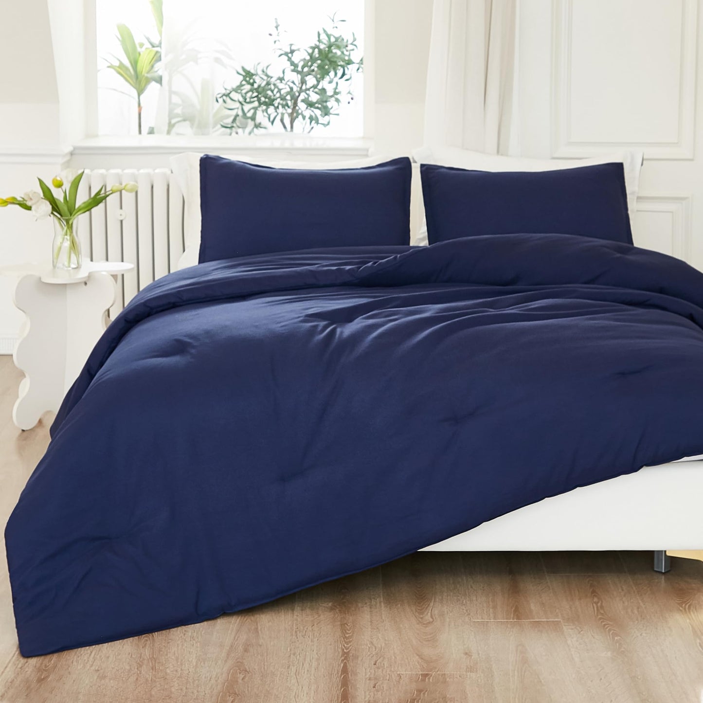 Litanika Navy Blue Twin/Twin XL Comforter Set, 2 Pieces Lightweight Solid Bedding Comforter Set, All Season Fluffy Bed Set (66x90In Comforter & 1 Pillowcase)