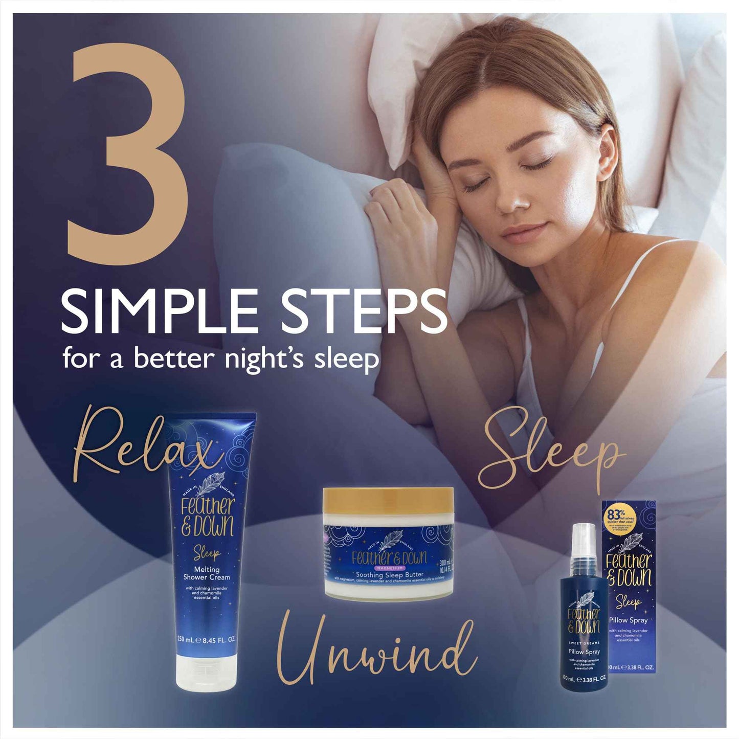 Feather & Down Sleeping Bag Gift Set: Luxury Eye Mask, Sleep Balm, Pillow Spray and Shower Cream, with Calming Lavender & Chamomile Essential Oils, Vegan & Cruelty Free