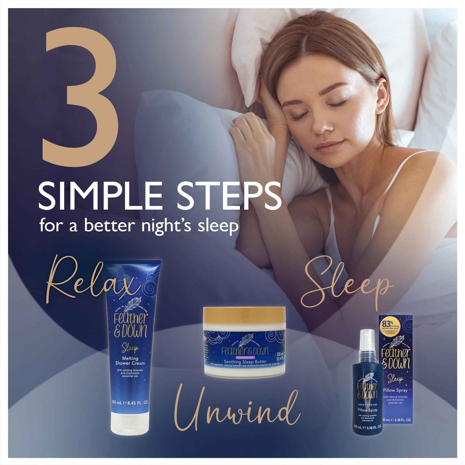 Feather & Down Sleeping Bag Gift Set: Luxury Eye Mask, Sleep Balm, Pillow Spray and Shower Cream, with Calming Lavender & Chamomile Essential Oils, Vegan & Cruelty Free