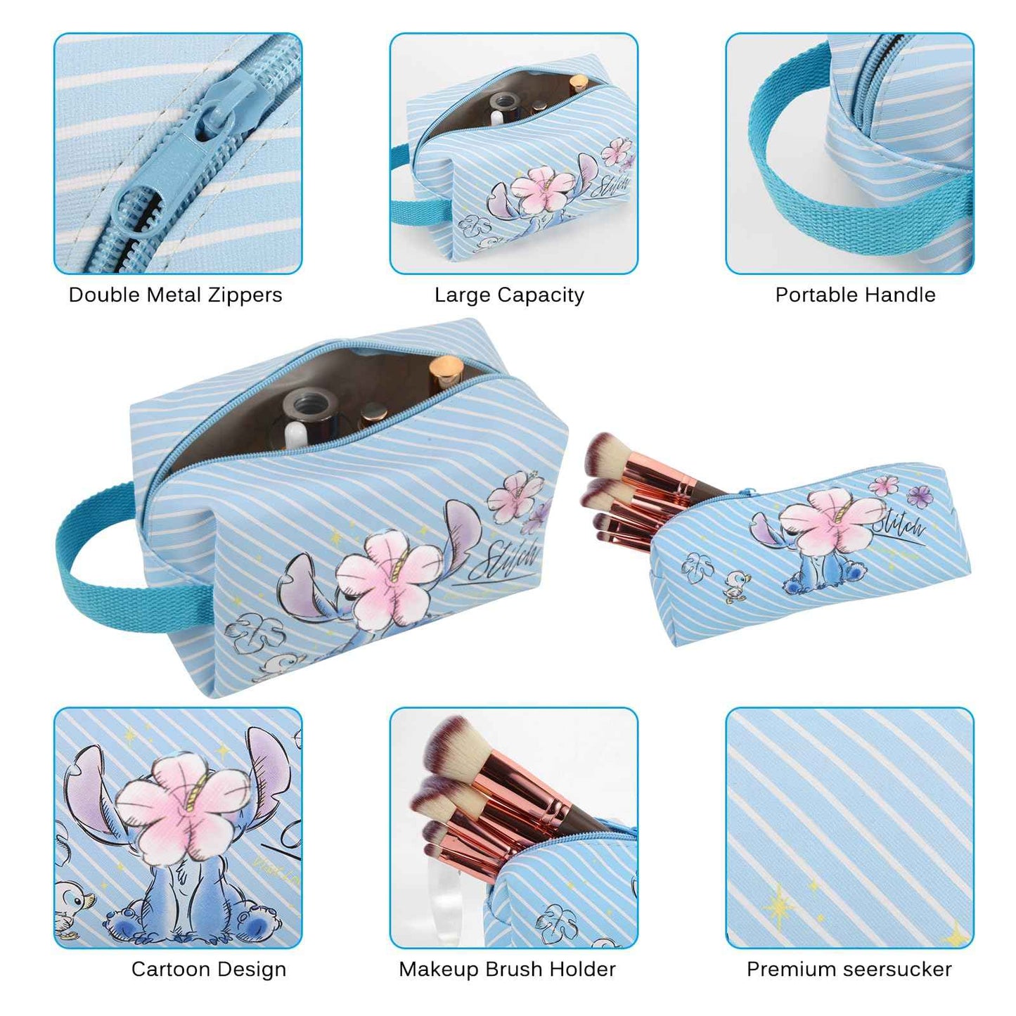 MOBRWUVS Travel Cosmetic Bag, Large Capacity Cartoon Cosmetic Pouch Makeup Bag with Zipper, Travel Toiletry Bag Makeup Accessories Organizer, The Best Gift for Women (Blue)