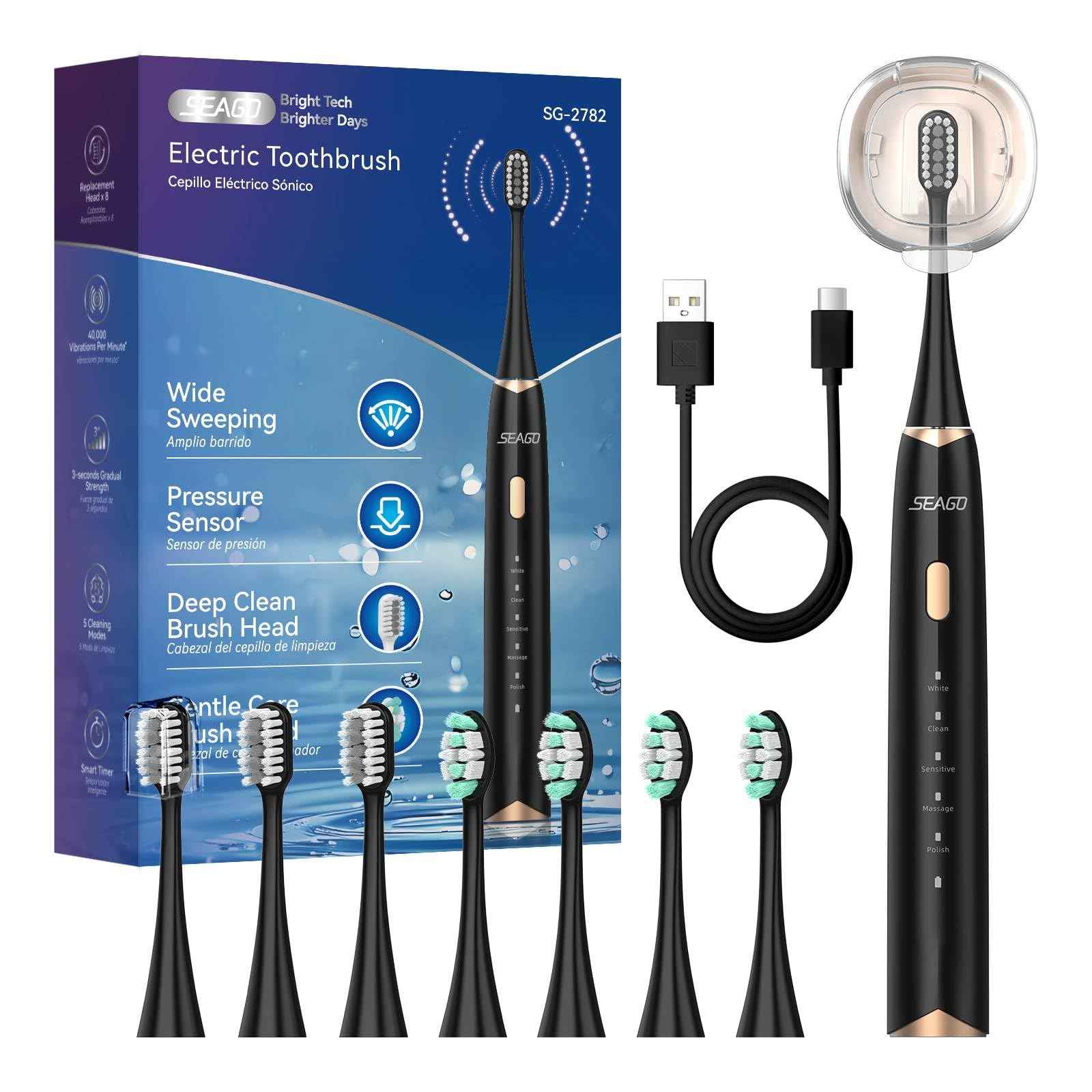 SEAGO Electric Toothbrush for Adults with Pressure Sensor, Sonic Toothbrushes Holder Wall Mounted, 30 Days Battery Life, 5 Cleaning Modes, 8 Replacement Heads, Timer & IPX7 Waterproof (Black, Middle)