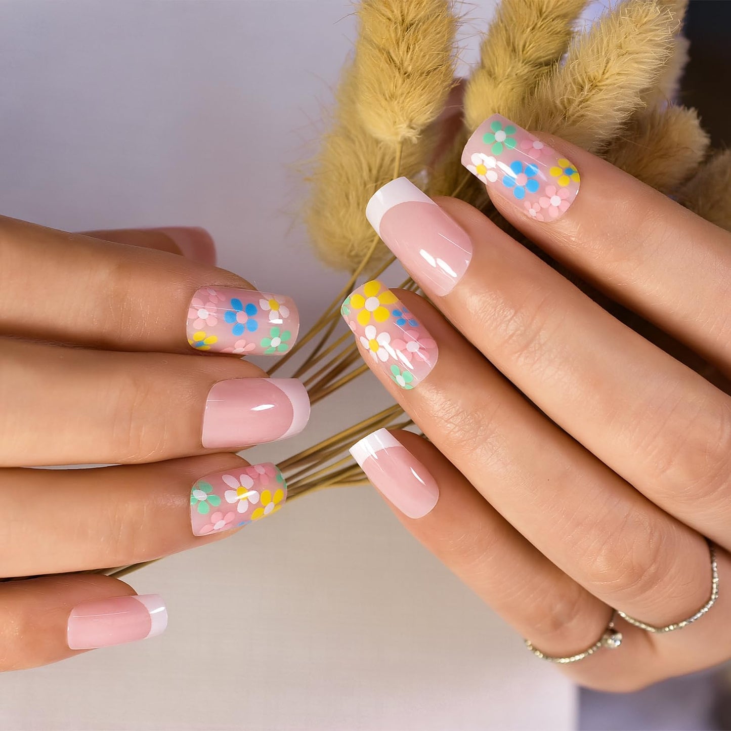 Glossy Pre-design Nude French Press On False Nails with Colorful Flowers Medium Squoval Women Girls Nail Art Tips Salon DIY Manicure Reusable Acrylic Fake Fingernails Nails for Daily Office Home