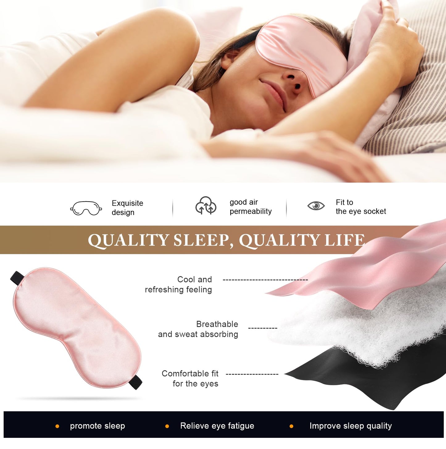 Sleep Mask Silk Eye Mask for Sleeping, Super Soft Blackout Eye Mask for Women Men, Side Sleeper Eye Covers for Sleeping with Adjustable Straps, Travel Eye Mask, 3 Pack