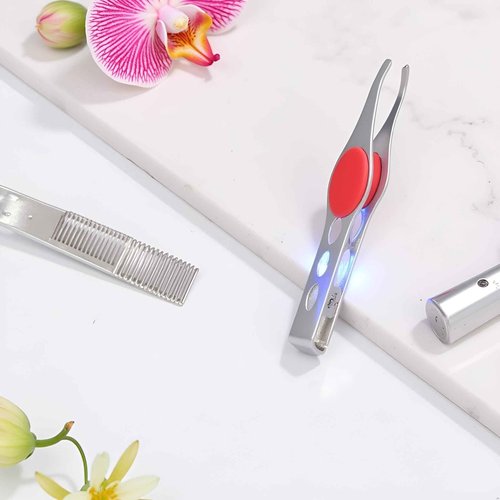 2 Pcs Silver Tweezer With LED Light for Hair Removal Makeup Tool Eyebrow Eyelash Tweezers for Women Facial Hair, Lash Trimmer,Hair Ingrown for Tweezer,Women's Hair Removal Tweezers