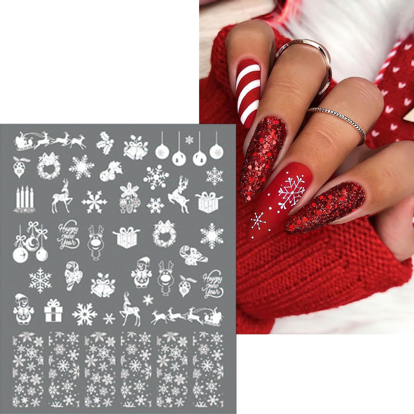 Christmas Nail Art Stickers Shiny Metallic Laser Snowflakes Nail Decals 3D Self-Adhesive Luxury Reindeer Snowman Nail Sticker Gold Silver Winter Xmas Tree Bell Nail Art Supplies for Women 8 Sheets