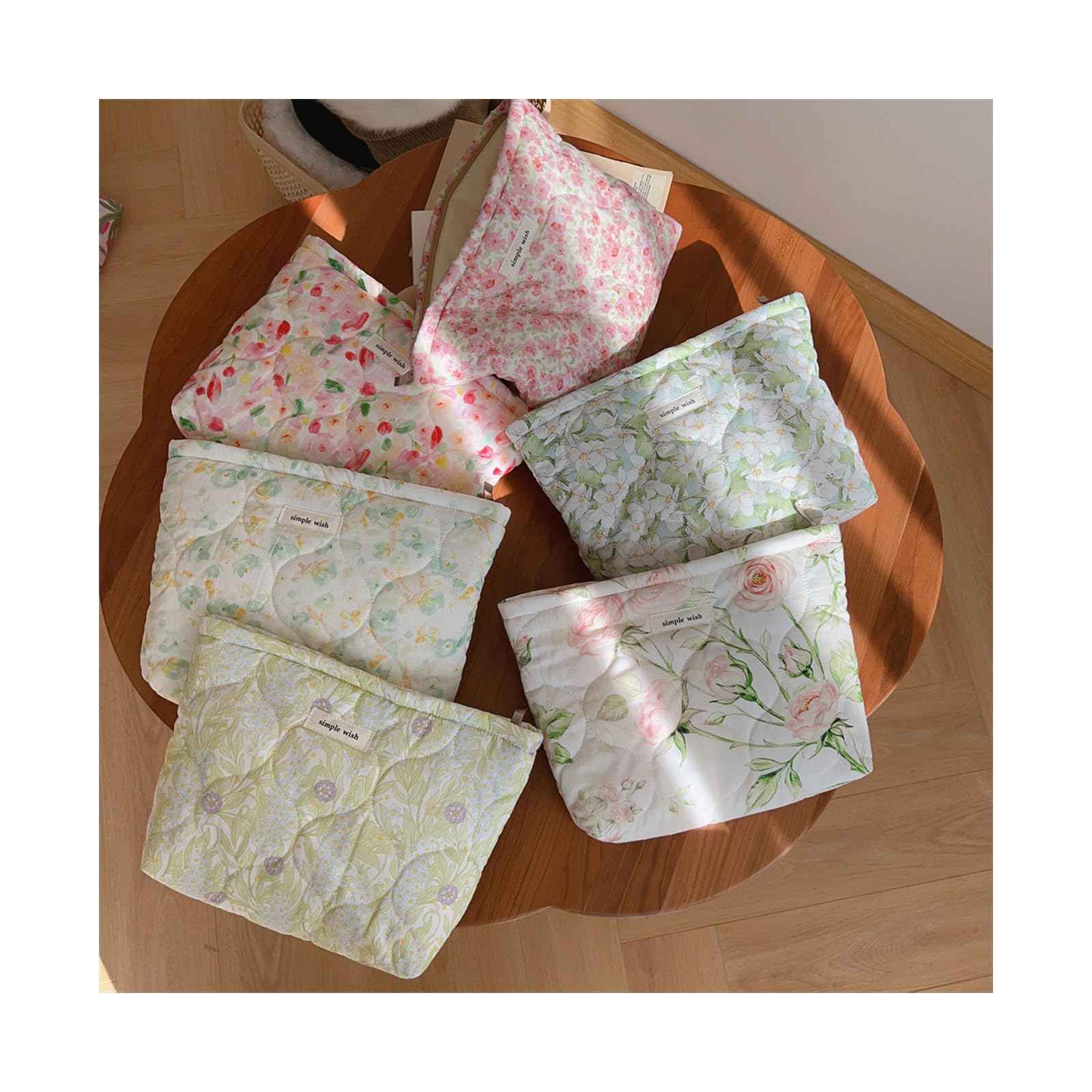 uekeboag Quilted Floral Cotton Makeup Pouch,Coquette Quilted Cosmetic Bag for Women and Girls, Aesthetic Organizer Bag, Flower Cute Travel Toiletry Bags(01Pink Little Flower)