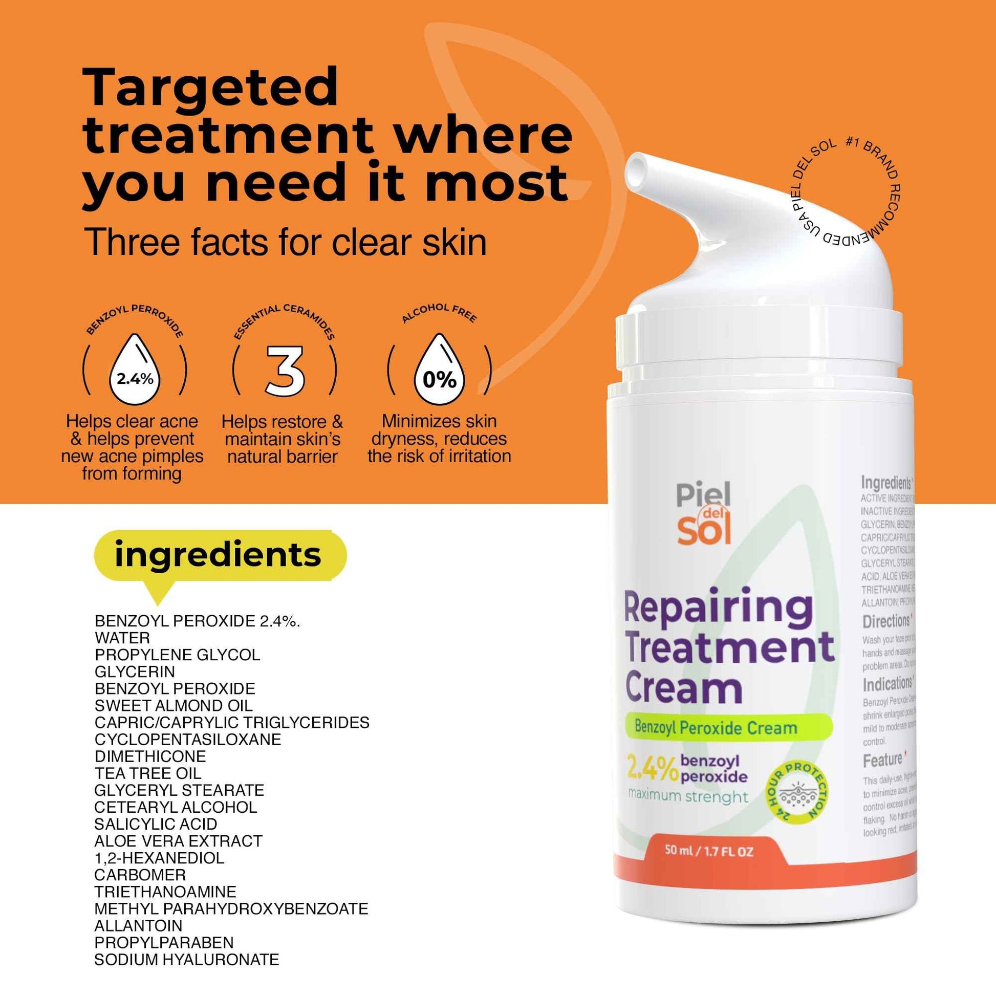 Piel del Sol cosmetics Acne Cleansing Cream & Repairing Treatment - Face & Body Skincare with Benzoyl Peroxide, Sweet Almond Oil, Tea Tree Oil, Aloe Vera Extract for Acne Spot Treatment, 50ml