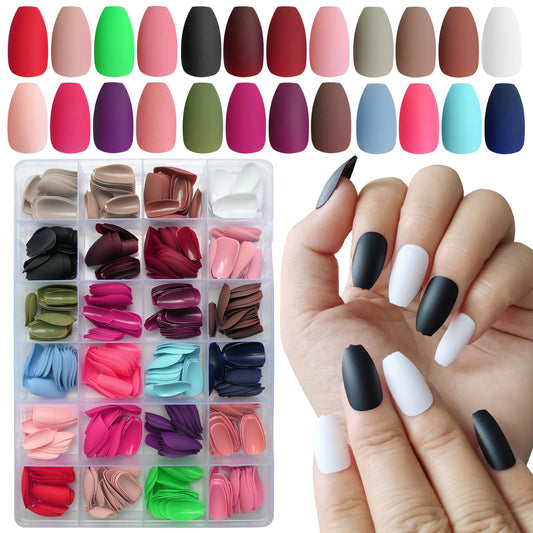 LoveOurHome 576pc Coffin Press on Nails Short Fake Nail Colored Acrylic Press on Coffin Nail Tips Full Cover False Artificial Fingernail Matte Presson on Nail for Women Girls Kids Manicure Design