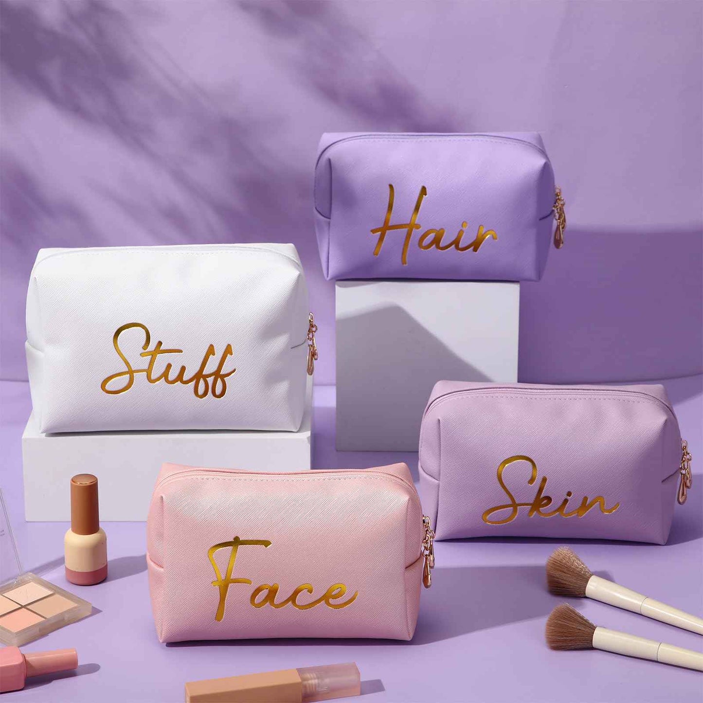 Aliceset 4 Pcs Preppy Makeup Bags Set Cute Travel Cosmetic Pouch Face Skin Hair Stuff Aesthetic Makeup Bags, PU Leather Waterproof Zipper Toiletry Pouch Gifts for Women Girl(Pink Purple)