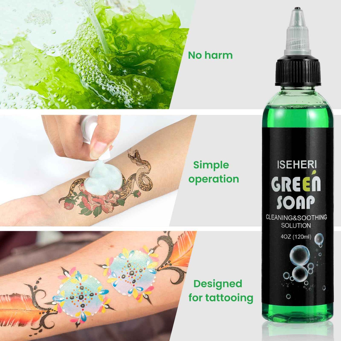 ISEHERI - Professional White Tattoo Ink & Ultra Concentrated Green Soap Tattoo, 4 oz with Foaming Bottle - Premium Quality Kit for Tattoo Artists