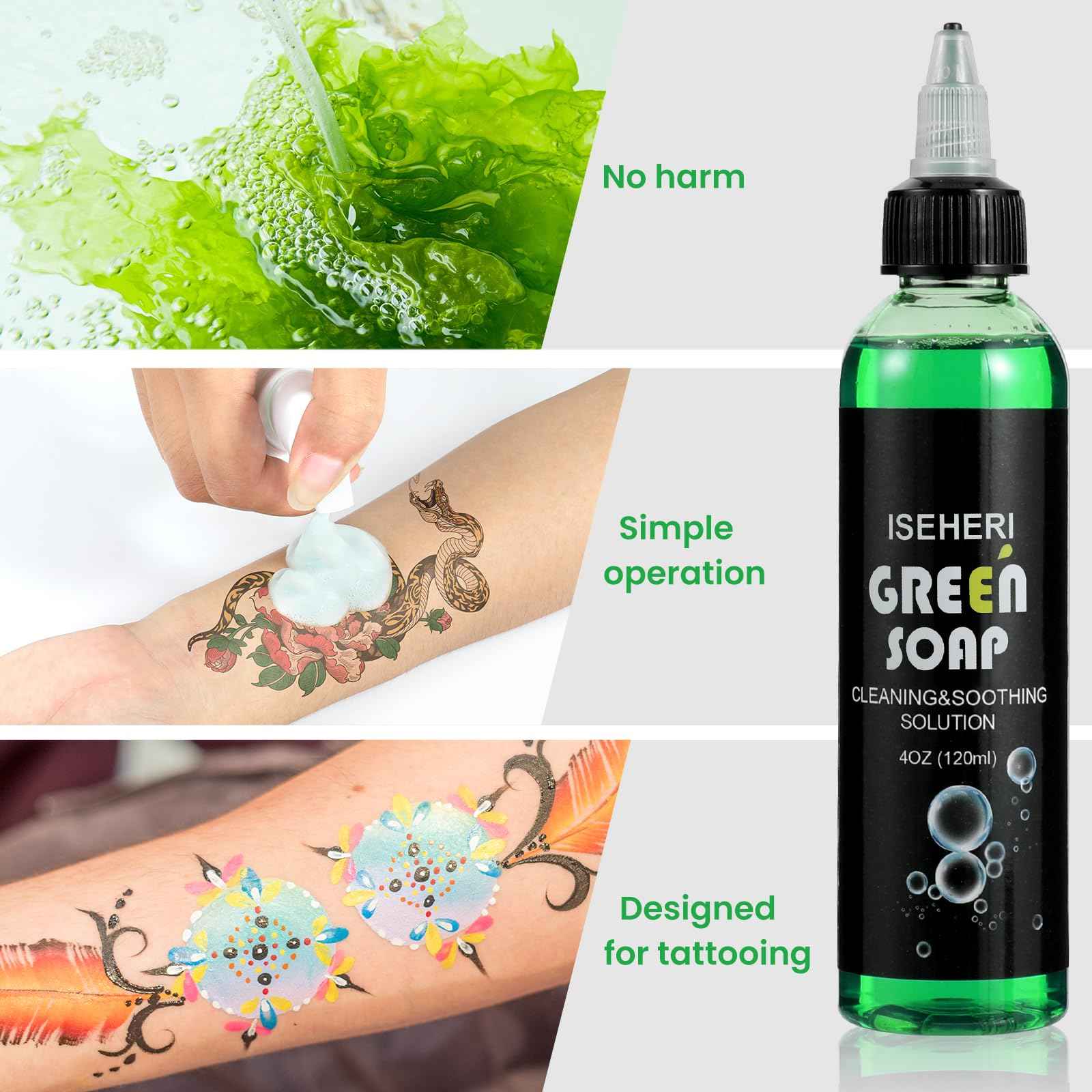 ISEHERI - Professional White Tattoo Ink & Ultra Concentrated Green Soap Tattoo, 4 oz with Foaming Bottle - Premium Quality Kit for Tattoo Artists