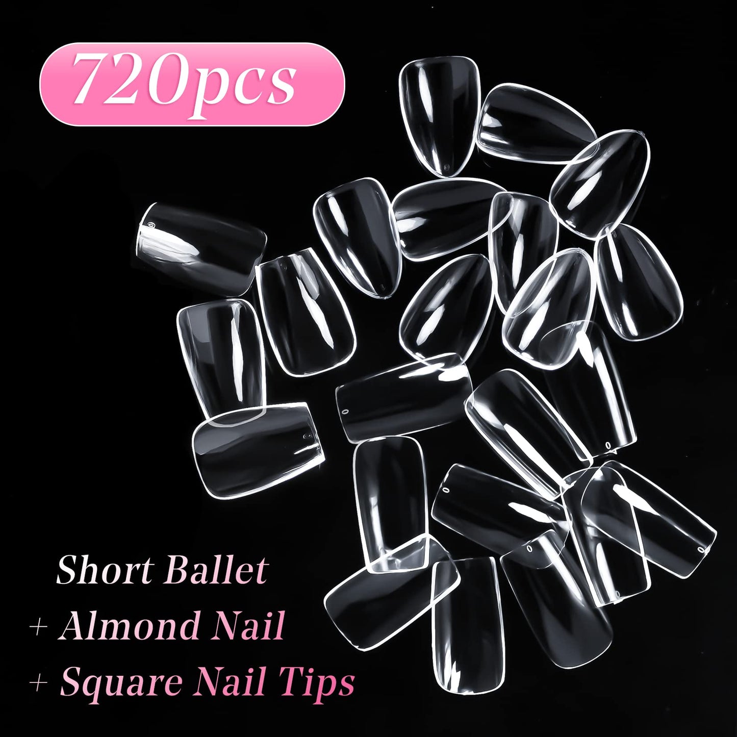 720PCS Clear Nail Tips krofaue 3 Styles False Nails Kit Soft Gel Nail Tips Short Almond Nails Square False Nails Coffin Nails Tips with Box for Artificial Press on Nails Extension Art DIY Home