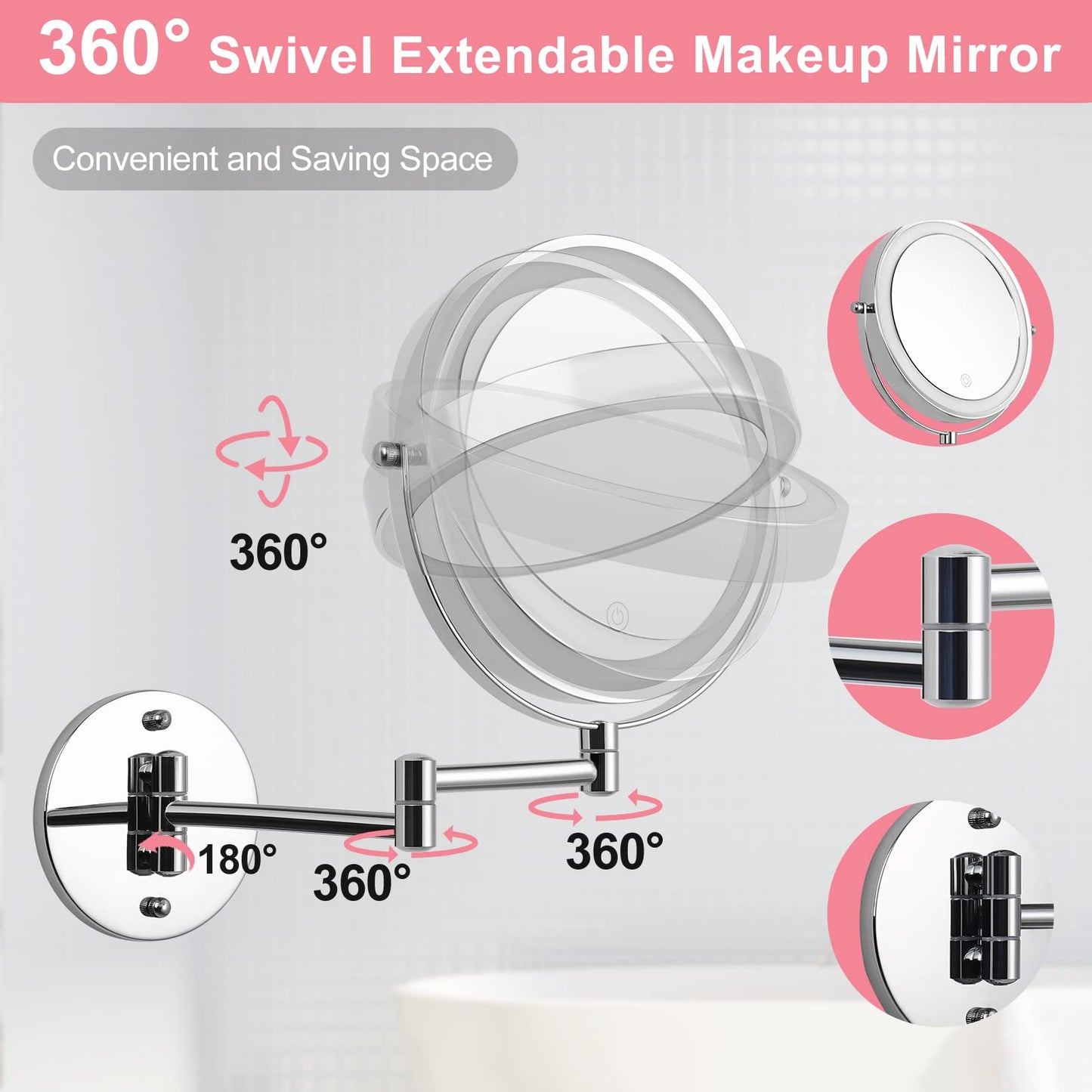 FFowcye Wall Mounted Makeup Vanity Mirror with Lights, 8” Double Sided 1X/10X Wall Mount Magnifying Bathroom Shaving Mirror with 3 Color Lights, Rechargeable Touch Dimmable Extendable Cosmetic Mirror