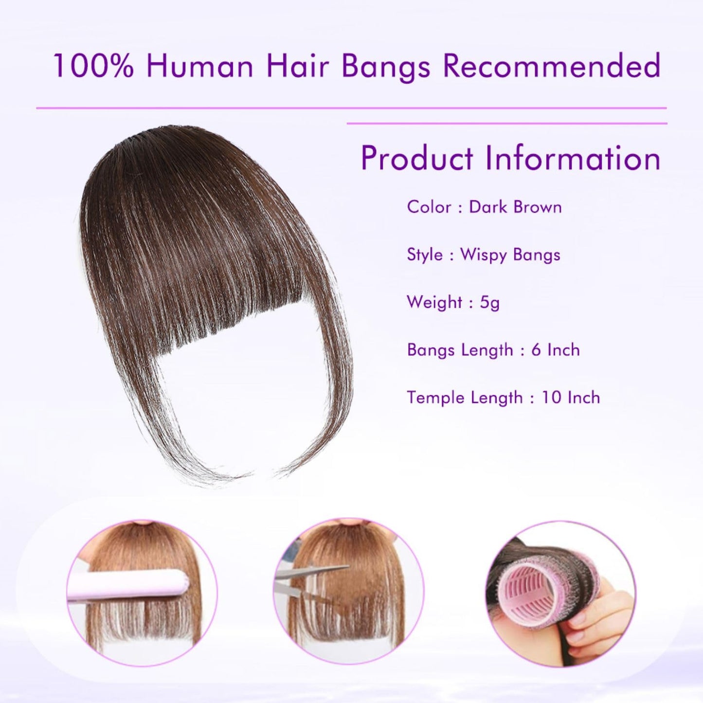 Clip in Bangs 100% Real Human Hair Extensions Wispy Dark Brown Fake Bangs Hair Clip on bangs for women Fringe with Temples Hairpieces Faux Bangs for Daily Wear