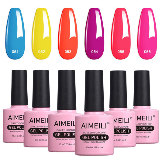 AIMEILI Hot Pink Neon Gel Nail Polish Soak Off Summer Yellow Gel Nail Lacquer, Neon Pink Neon Orange Blue Purple Nail Polish Color Gel Set Of 6pcs X 10ml - Kit Set 11