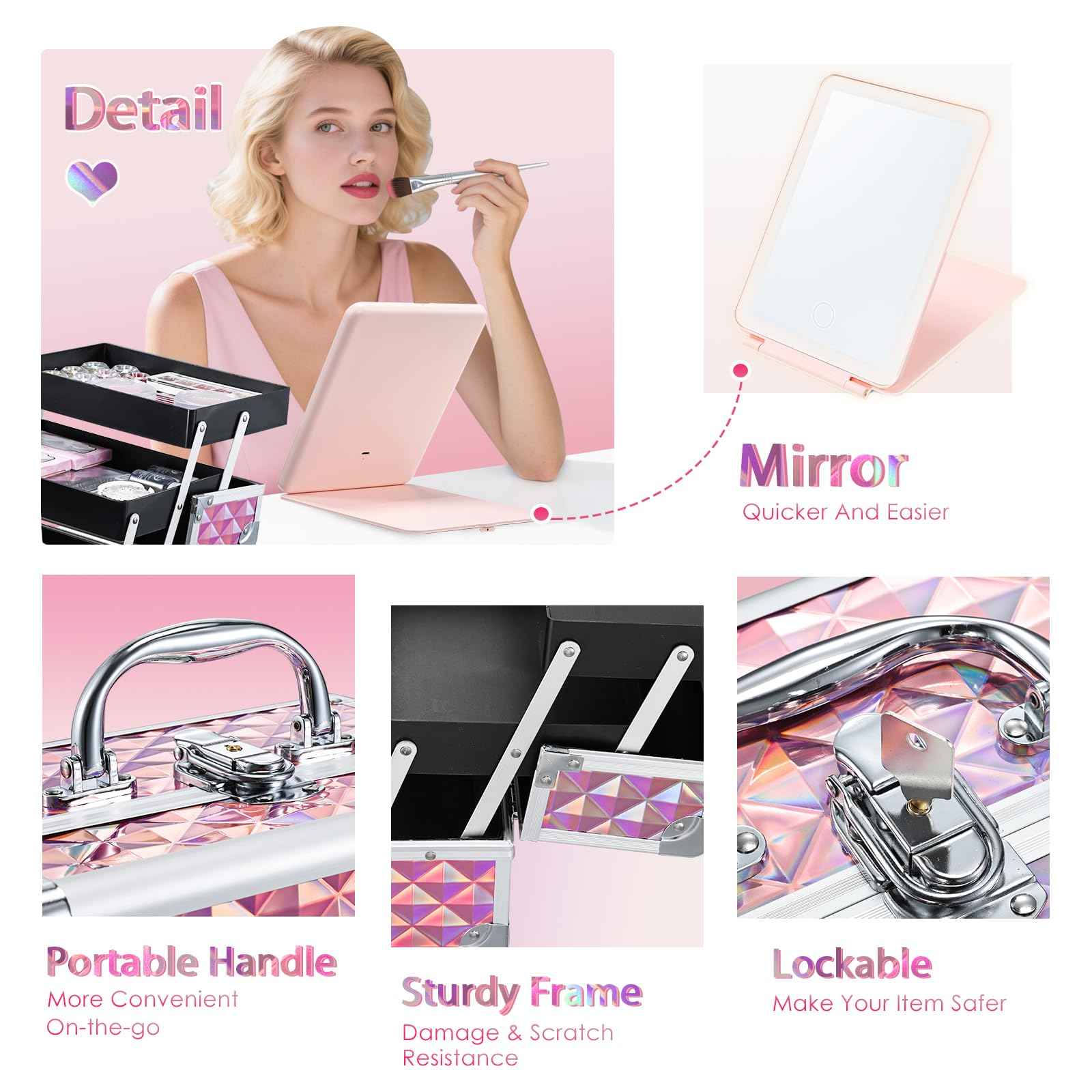 Faquenc Makeup Case with Lighted Mirror Travel Makeup Organizer Box 2 Trays Lockable Cosmetic Train Case with Movable LED Mirror for Girls Make Up Nail Kits Sewing Vanity Storage Case Shiny Pink