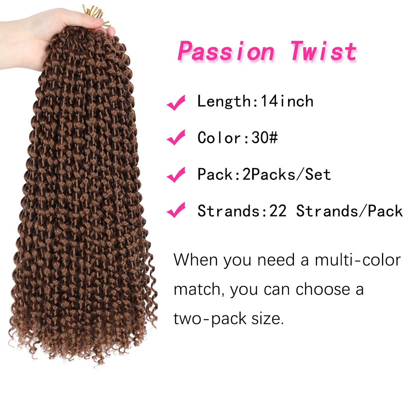 14 Inch Passion Twist Hair, Brown Water Wave Crochet Hair 22 Strands/Pack Passion Twist Crochet Hair For Women Short Passion Twists Braiding Hair Curly Braiding Hair (14 Inch (Pack of 2), #30)