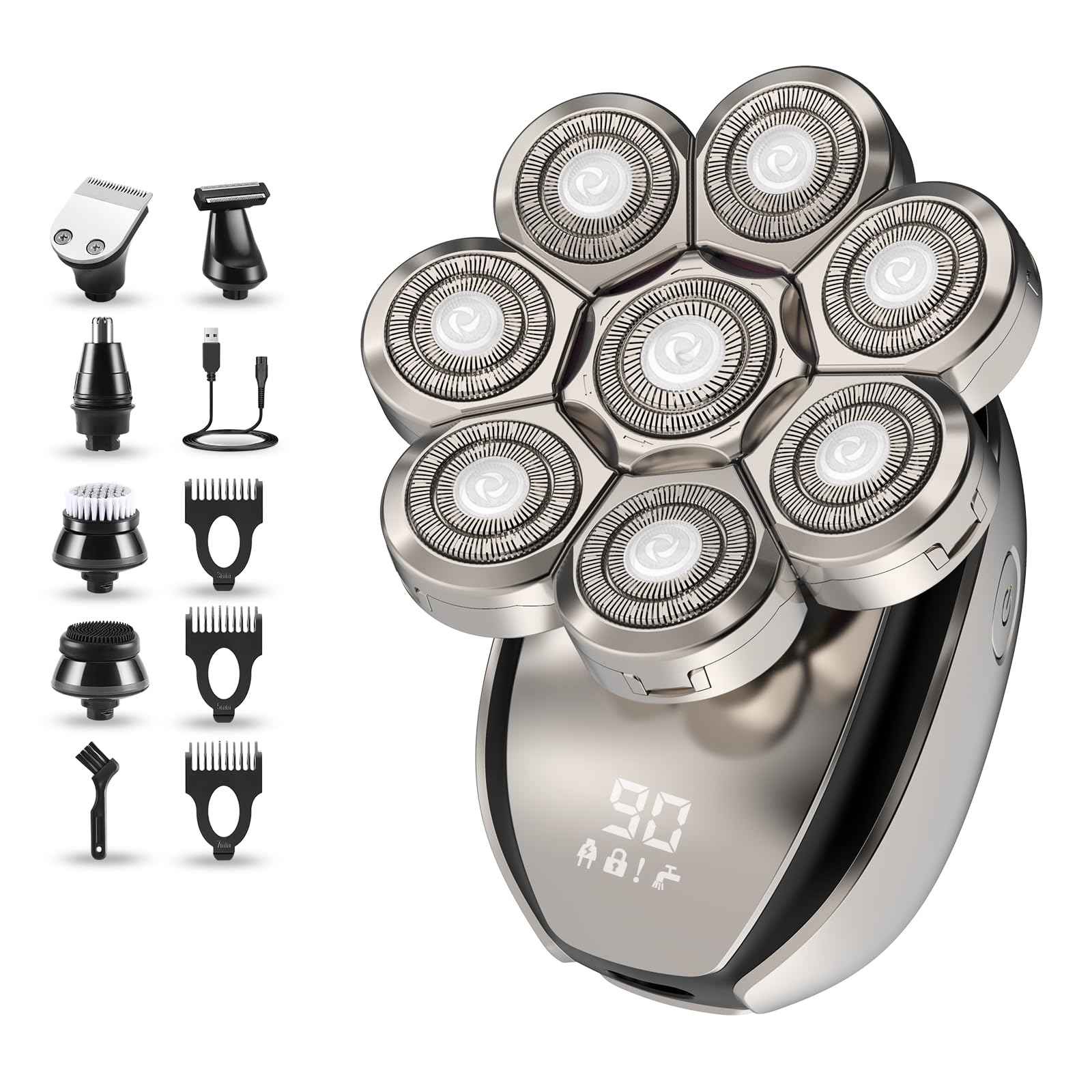 Electric Head Shavers for Men：- 6 in 1 Head Shavers for Bald Men, IPX6 Waterproof Men's 8D Electric Head Razor, Wet&Dry Rotary Shaver Grooming Kit with Nose Beard Trimmer Hair Clipper