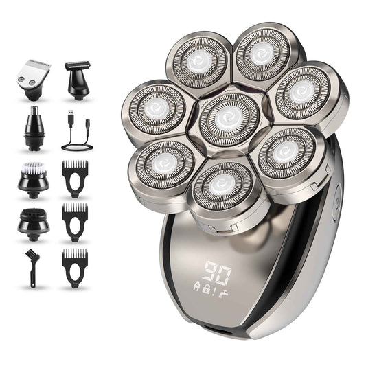 Electric Head Shavers for Men：- 6 in 1 Head Shavers for Bald Men, IPX6 Waterproof Men's 8D Electric Head Razor, Wet&Dry Rotary Shaver Grooming Kit with Nose Beard Trimmer Hair Clipper