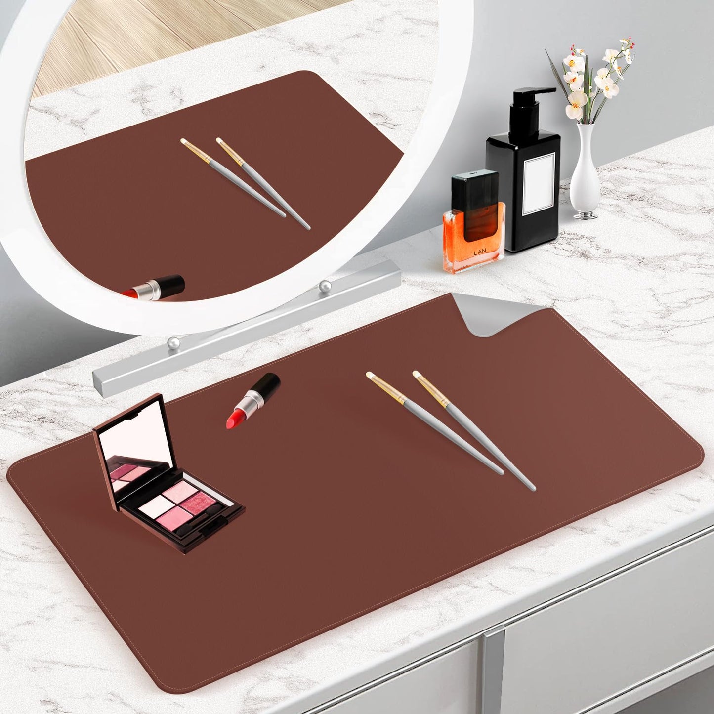 TOHONFOO Makeup Mat for Vanity to Protect Vanity Desk Top, Dual-Sided Vanity Mat, Easy to Clean Vanity Desk Mat - Vanity Makeup Pads Waterproof and Oilproof, 31.5 x 15.7 in (Brown and Grey)