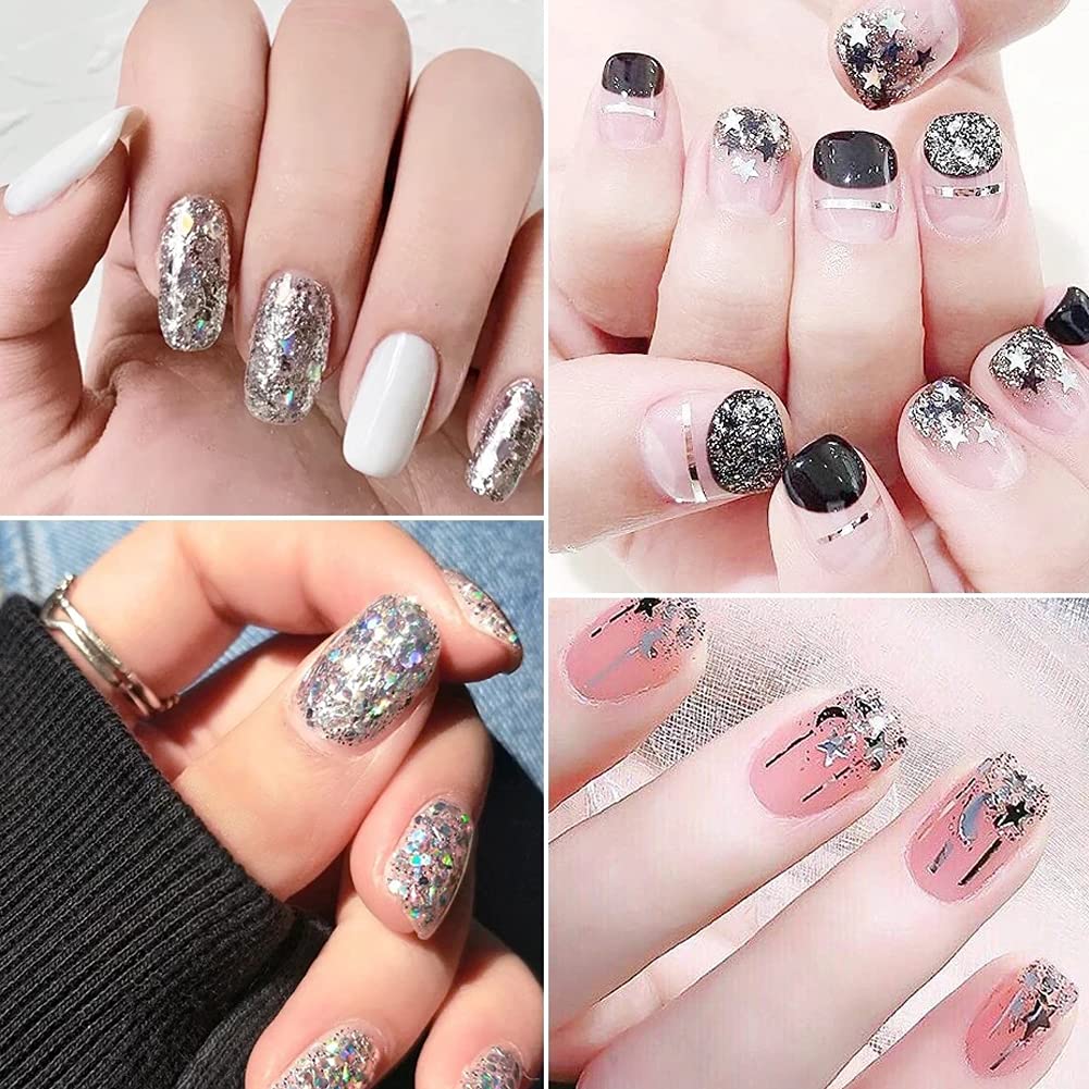 Holographic Nail Art Glitter Sequins, Shinning Heart Nail Supplies 6 Grids Laser Silver Nail Decals 3D Holographic Nail Sequin Star Moon Nail Art Sticker Confetti Flakes for Acrylic Nails Decorations