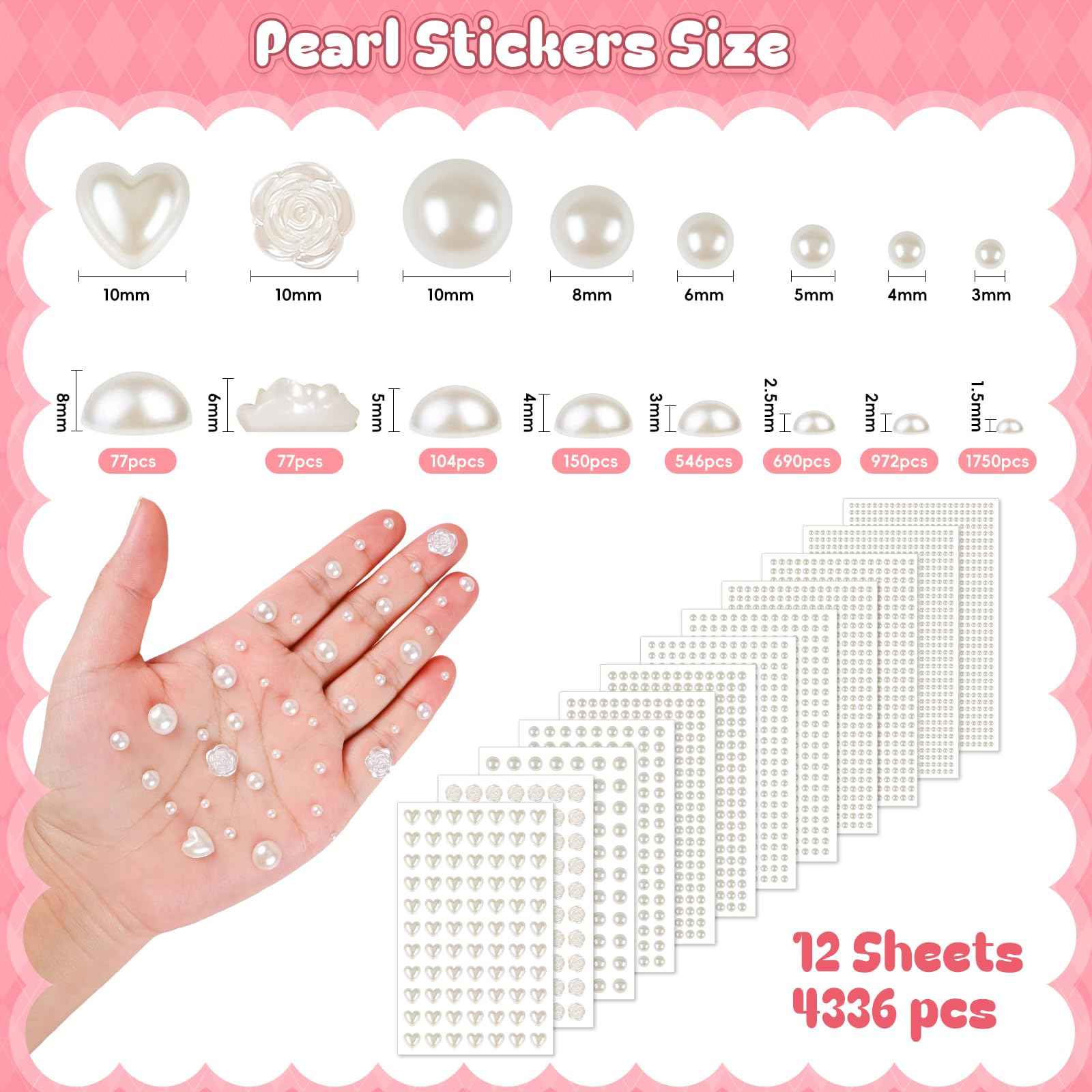 GIFOHAPY 4366 PCS Self Adhesive Pearl Stickers，Pearl Stickers for Crafts Kids，Assorted Sizes & Shape Stick on Pearls for Hair, Face, Makeup, Eye 3mm/4mm/5mm/6mm/8mm/10mm/Rose/Heart Shape