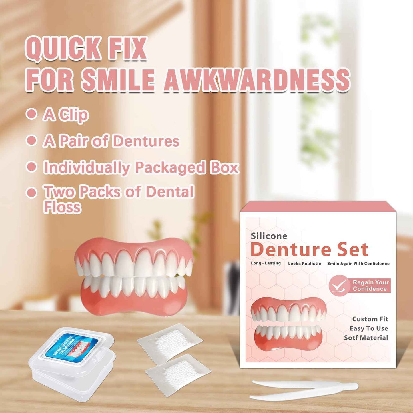 Dentures for Women and Men, Silicone Dentures Upper and Lower, Fix Your Smile at Home Within Minutes, Natural Shade False Teeth & Veneers