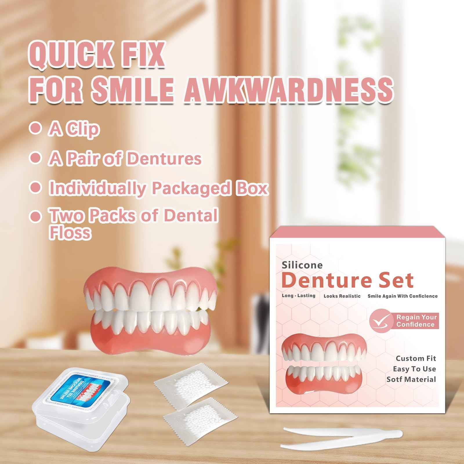 Dentures for Women and Men, Silicone Dentures Upper and Lower, Fix Your Smile at Home Within Minutes, Natural Shade False Teeth & Veneers