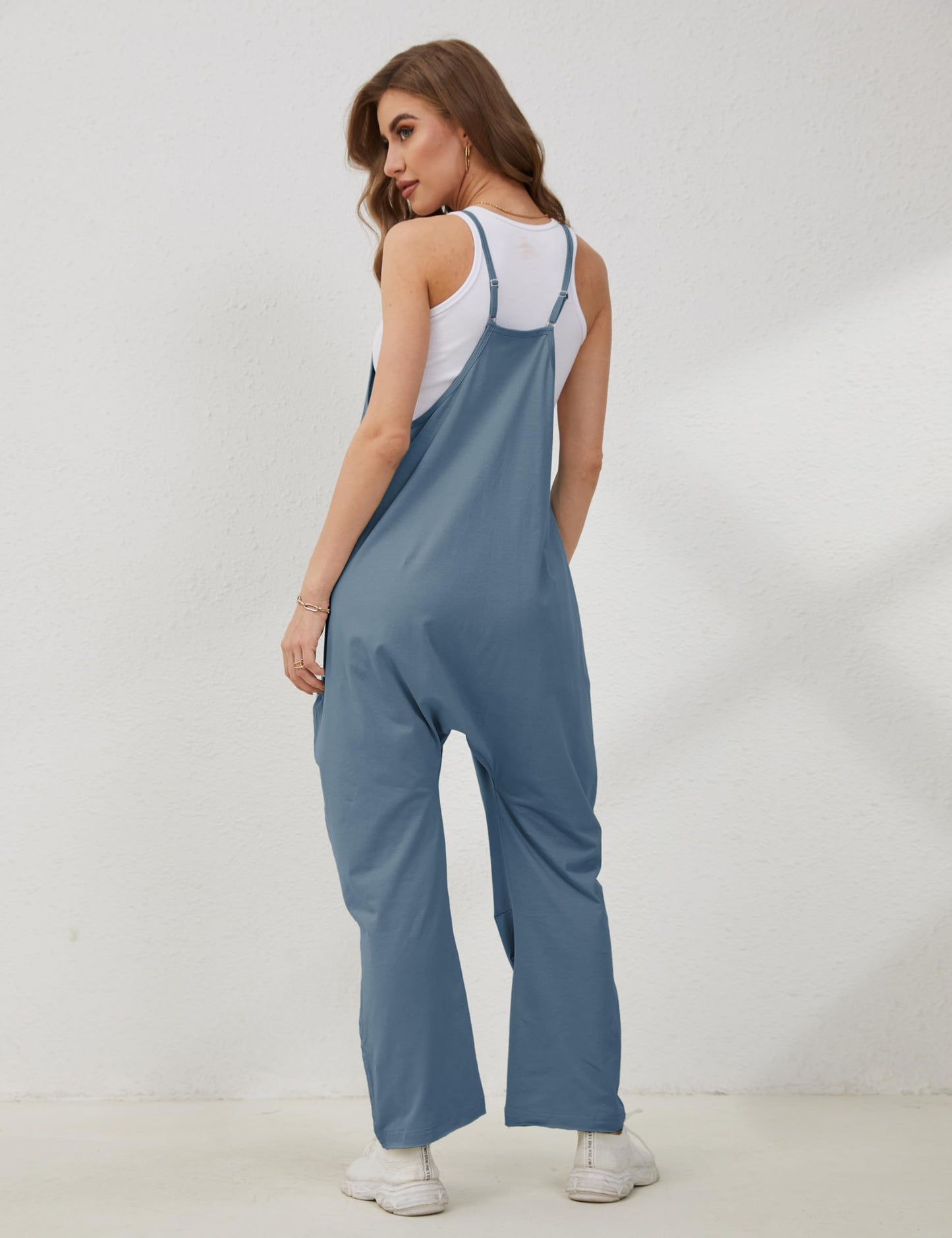 Lentta Women's Causal Jumpsuits V Neck Sleeveless Harem Overalls Stretchy Adjustable Strap Romper with Pockets(BlueGrey-S)