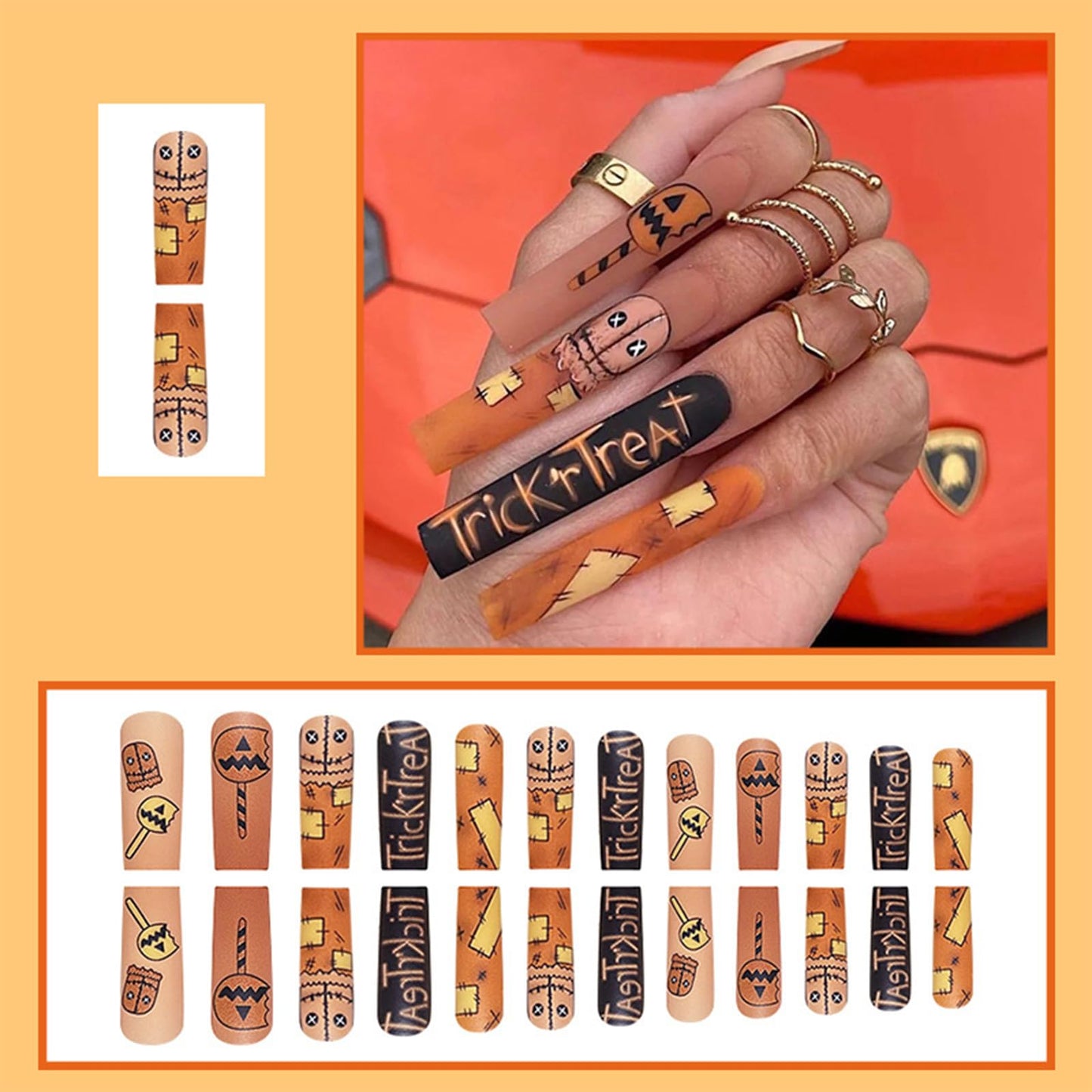 24PCS Orange Halloween Press on Nails Long Fake Nails Coffin False Nails with Pumpkin Head Design Full Cover Ghost Patch Glue on Nails Acrylic Artificial Nails Reusable Stick on Nails for Women Girls