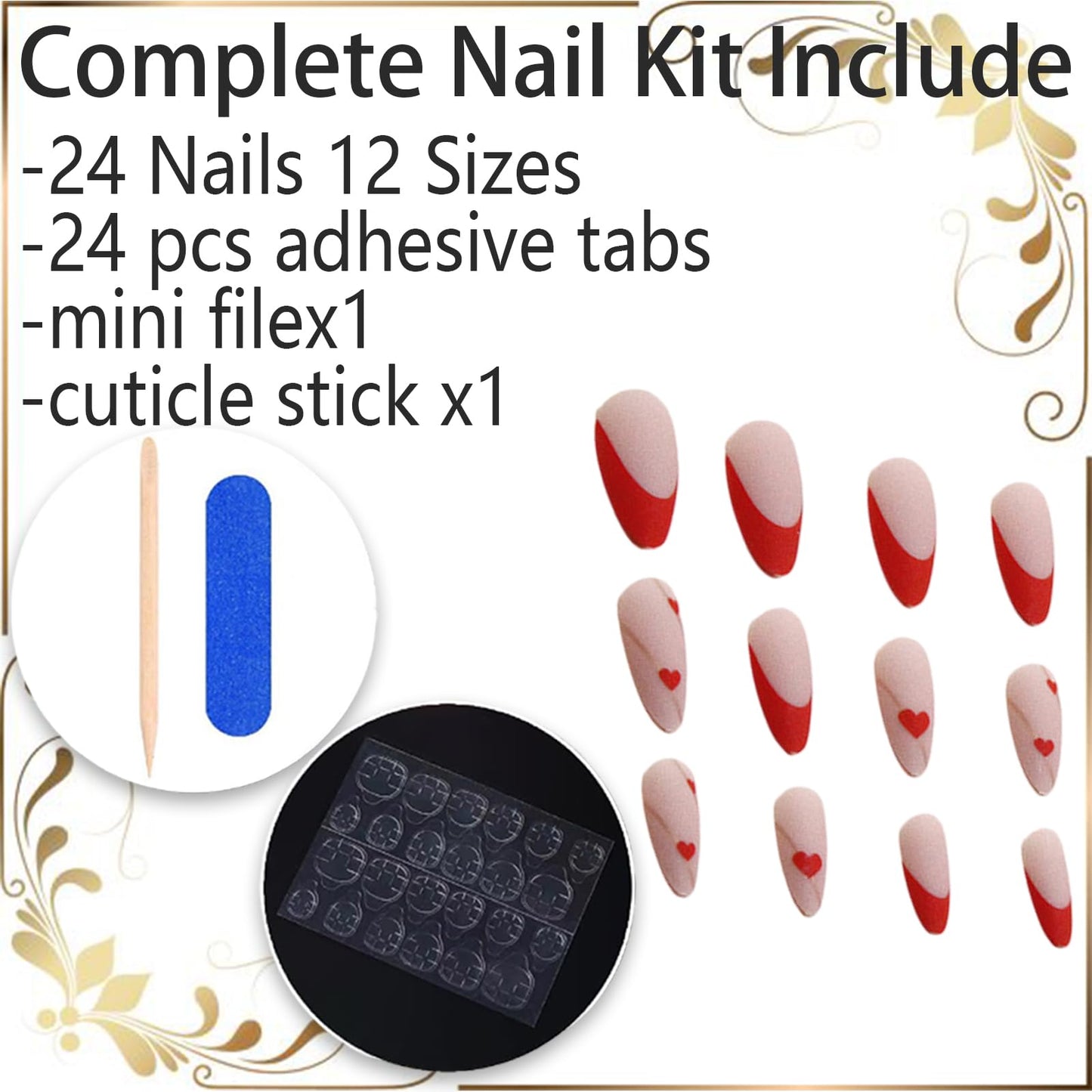 Valentines Nails Red French Tip Press on Nails Medium Almond Fake Nails with Heart Gold Line Design Glue on Nails Red Artificial Acrylic Nails Love Heart Stick on False Nails for Women 24PCS