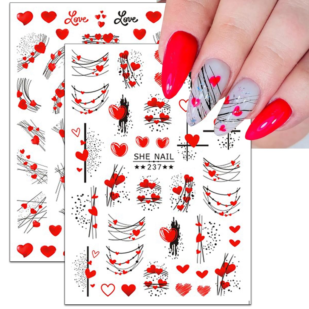 Valentines Day Nail Stickers Decals DIY Self-Adhesive Red Valentines Nail Art Romance Love Lovers Heart Sexy Nail Stickers Design Valentines Supplies Nail Decorations for Women Girls (8 Sheets)