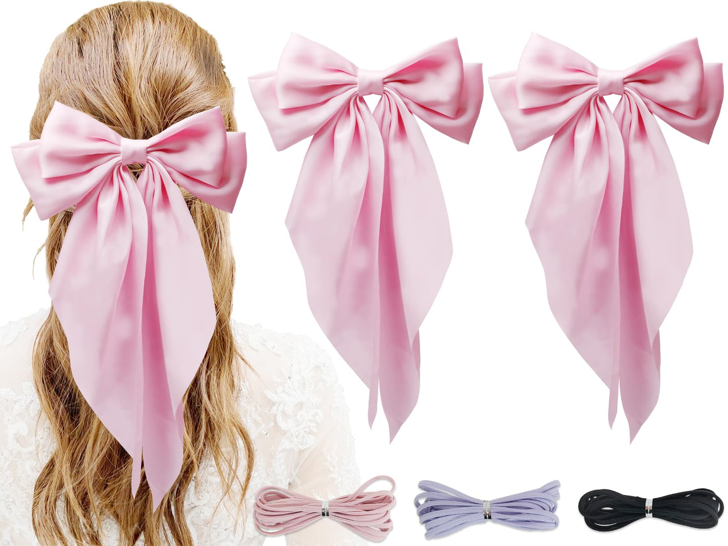 PQZKLDP 2PCS Silky Satin Hair Bows Big Versatile Hair Bows Cute Clips for Girls & Women Pink Hair Bow Ribbons Oversized Long Tail Metal Clips Bowknot Aesthetic Hair Accessories (PD 210)