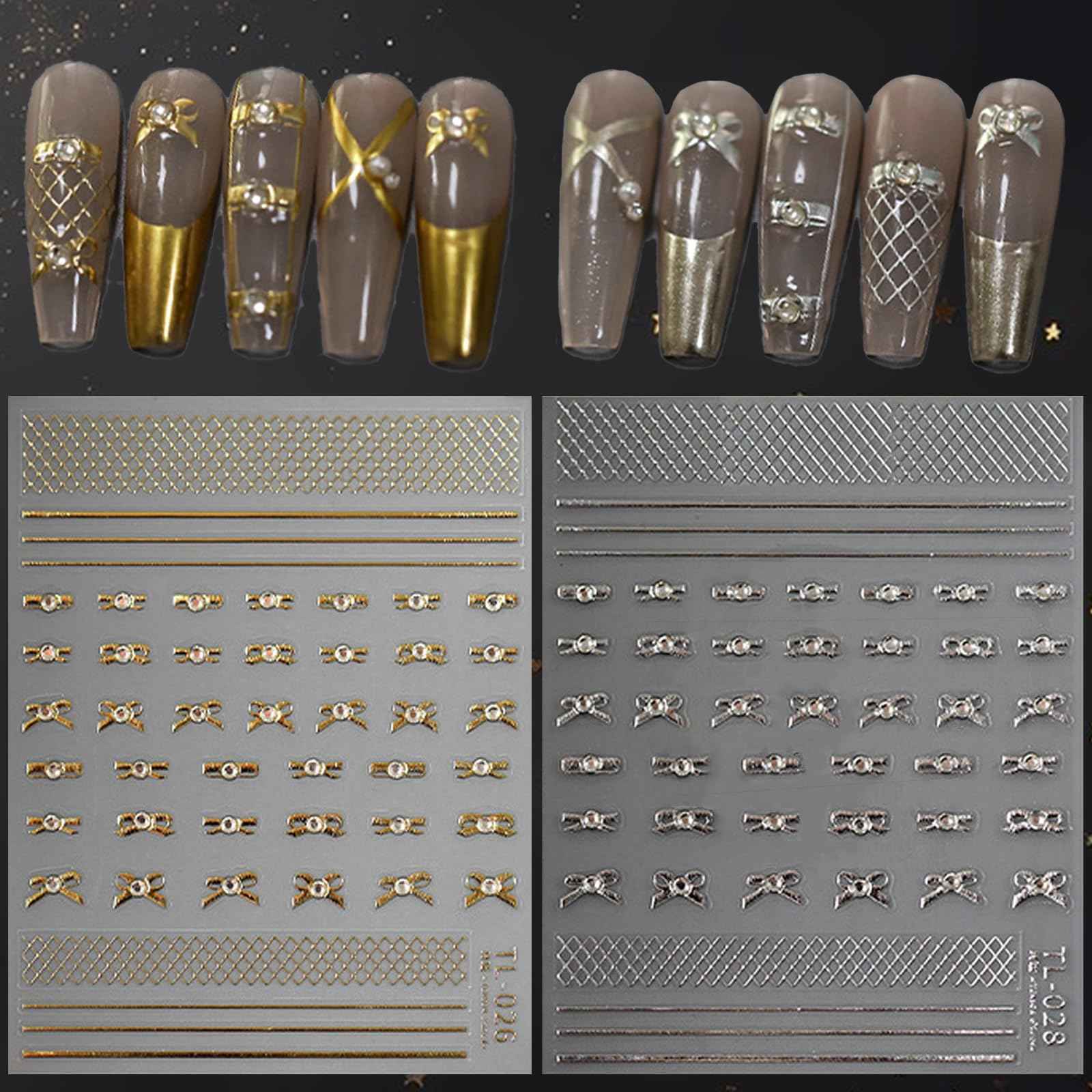 Bowknot Nail Art Stickers 5D Emboss Silver Gold Metal Nail Decals Self-Adhesive Luxury Bling Rhinestone Bow Tie Line Nail Accessories DIY Nail Designs for Women Girls Acrylic Nails Decoration 2 Sheets