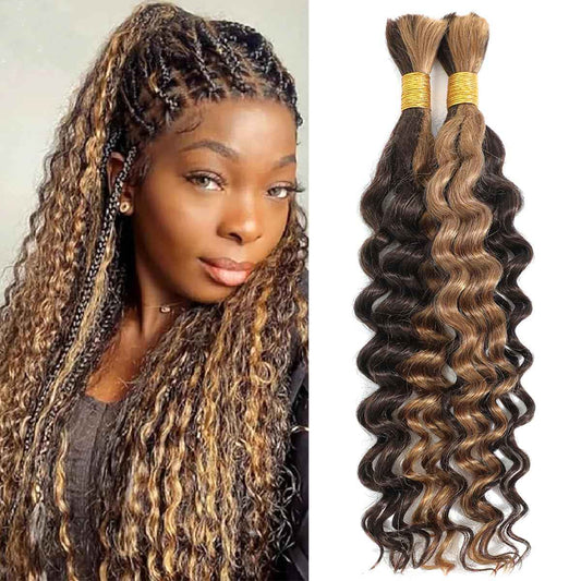 18 Inch Human Braiding Hair For Boho Braids 100g 2 Bundles Deep Wave Bulk Human Braiding Hair 100 Percent Unprocessed Virgin Hair Highlight 4/27 Wet and Wavy No Weft Boho Knotless Braid