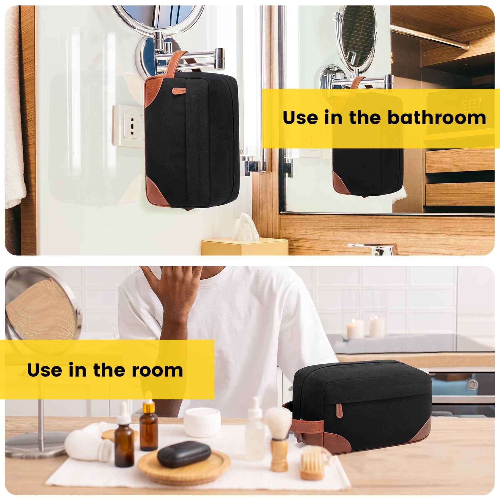 Vorspack Large Travel Toiletry Bag - Hanging Toiletry Bag for Men Water Resistant Canvas Shaving Bag with Large Capacity for Home Travel - Black