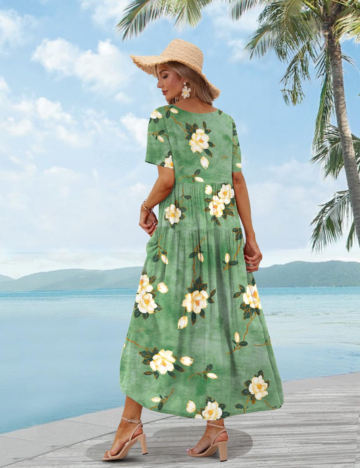 YESNO Women Casual Loose Bohemian Floral Dress with Pockets Short Sleeve Long Maxi Summer Beach Swing Dress S EJF CR19