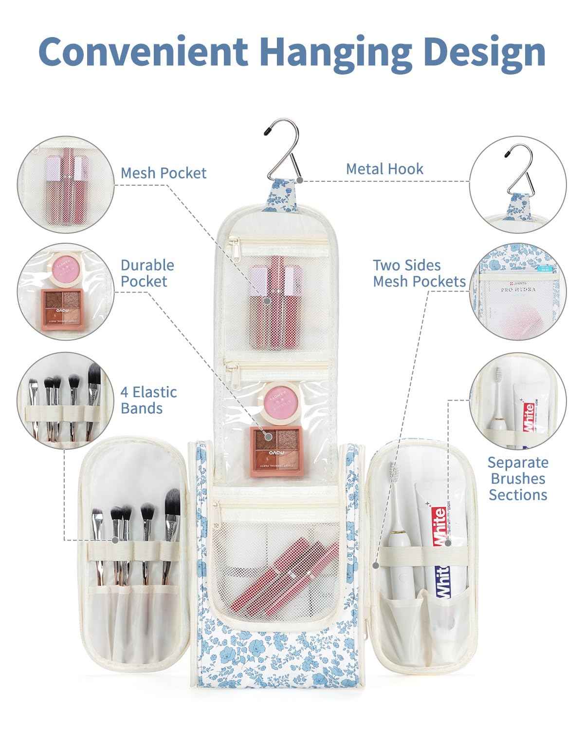 Narwey Hanging Toiletry Bag Women Travel Makeup Bag Organizer Toiletries Bag for Travel Size Essentials Accessories Cosmetics (Medium,Little Blue Flower)