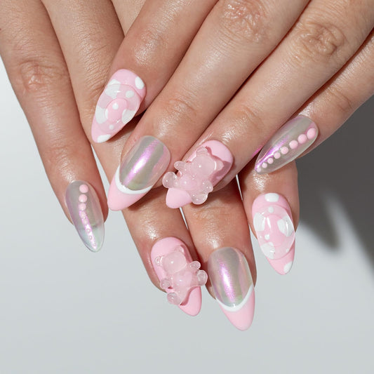 TENPAL French Tip Press on Nails Aurora Pink Gel Fake Nails With Glue Handmade False Nails With Bear Charms Lovely Sweet Cute Nails Press ons For Women Girls 10pcs/Box Short Almond Nails Summer(S)