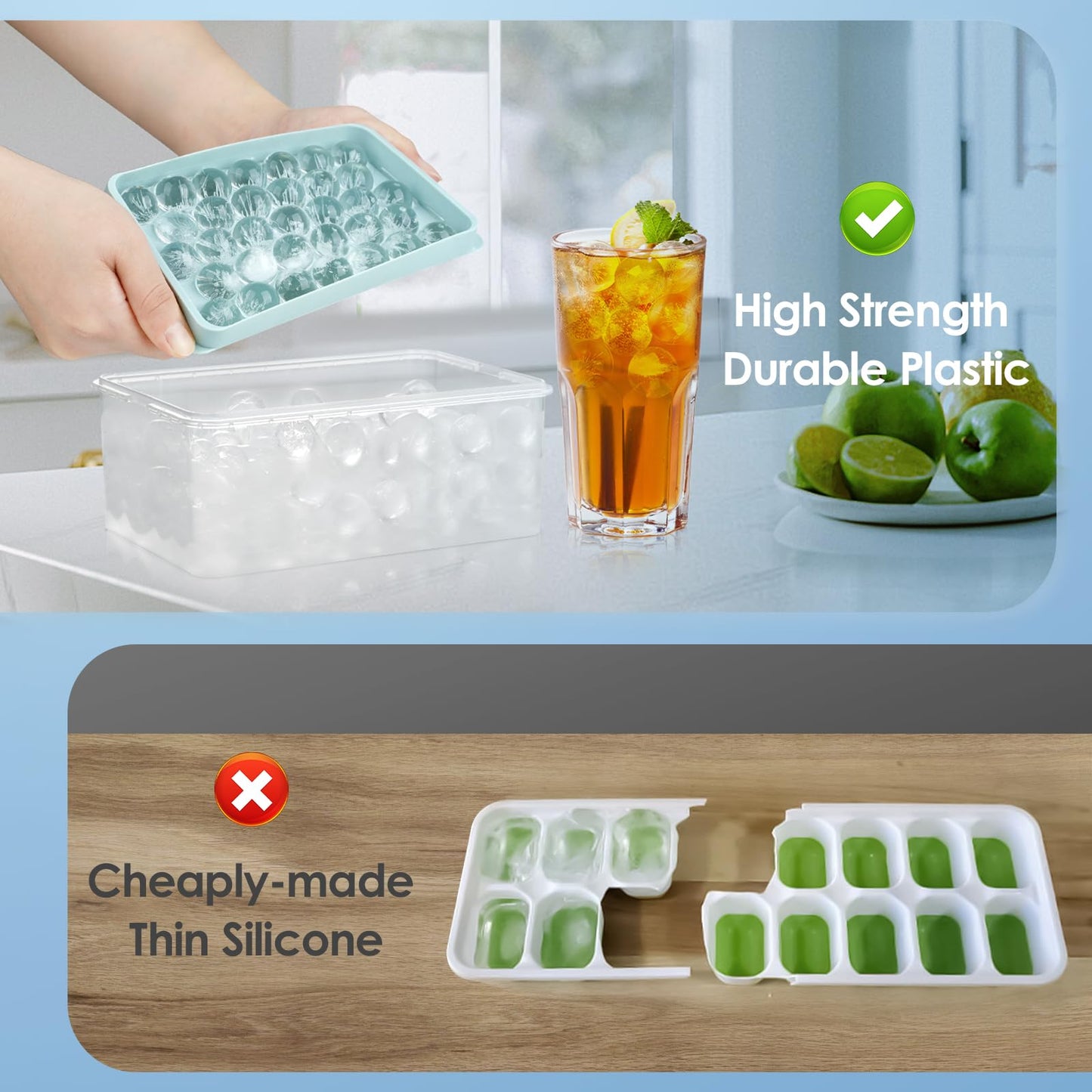 Round Ice Cube Tray with Lid & Bin Ice Ball Maker Mold for Freezer with Container Mini Circle Ice Cube Tray Making 66PCS Sphere Chilling Cocktail Whiskey Tea Coffee (2 Trays 1 Ice Bucket & Scoop)