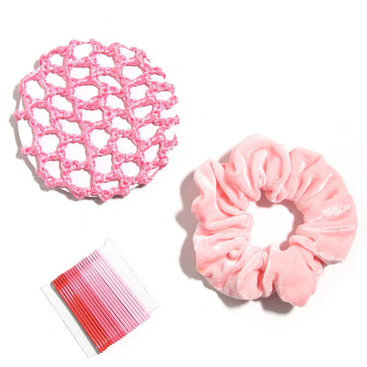 Velvet Hair Scrunchies for Women Girls Bun Cover Hair Net Ballet bobby pin Hair Accessories Set (Pink)