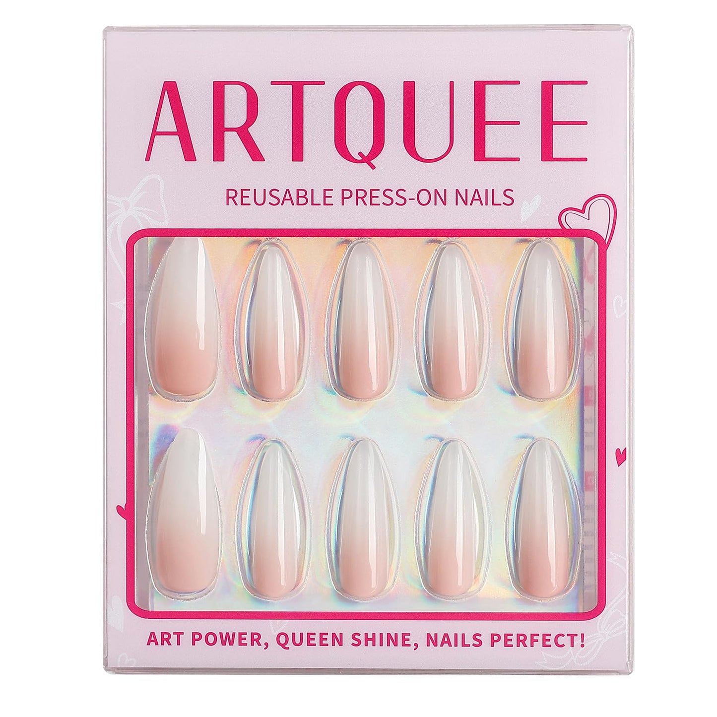 Artquee Ombre Peach Pink Press on Nails Almond Extra Long Fake Nails Stiletto False Nails Art Glossy Artificial Reusable Stick on Nails - 30 Nail Kit