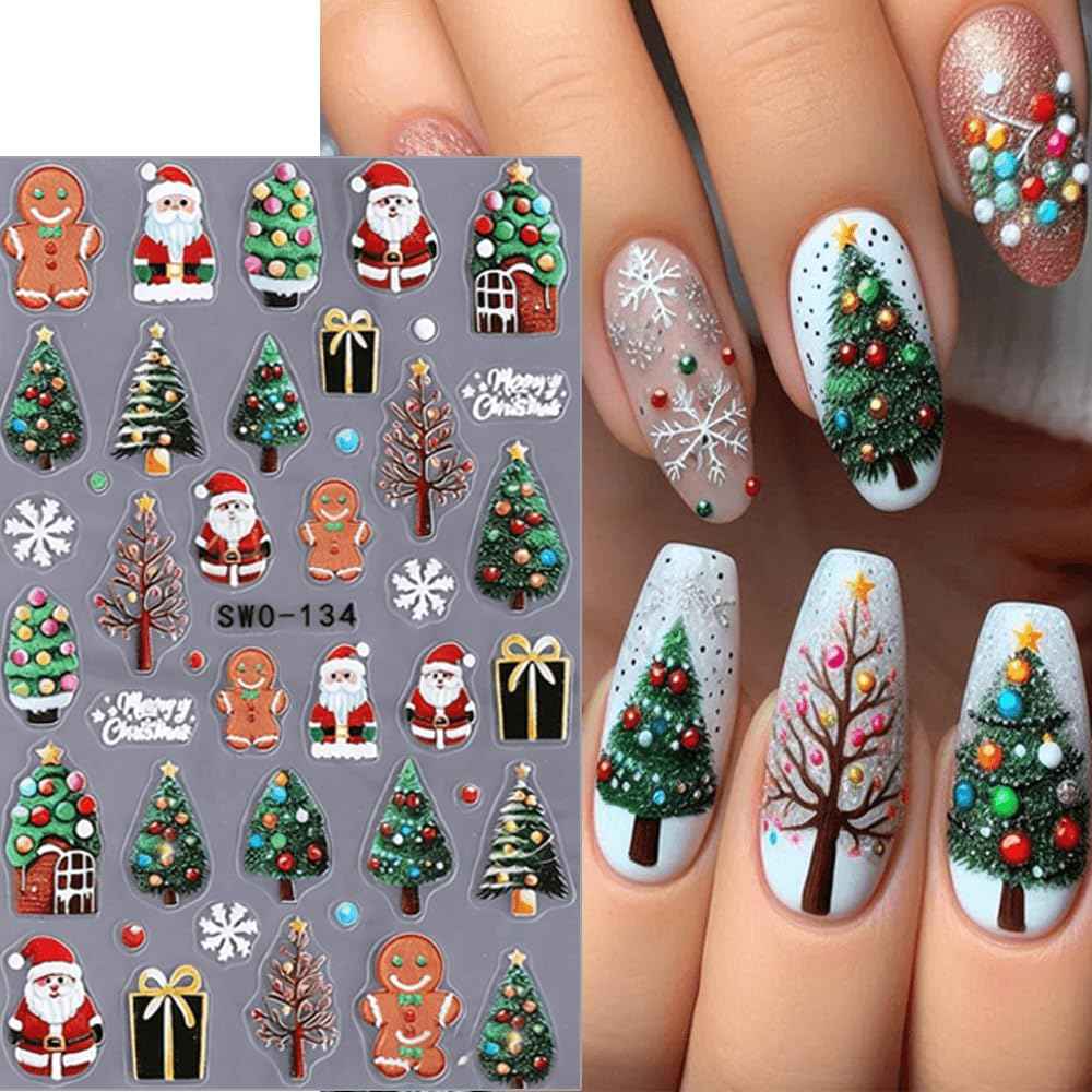 Christmas Nail Stickers 5D Embossed Christmas Tree Snowman Nail Art Stickers Snowflake Nail Decals Self-Adhesive Santa Claus Gingerbread Man Design Sticker Holiday Nail Art Decoration for Women 4Pcs