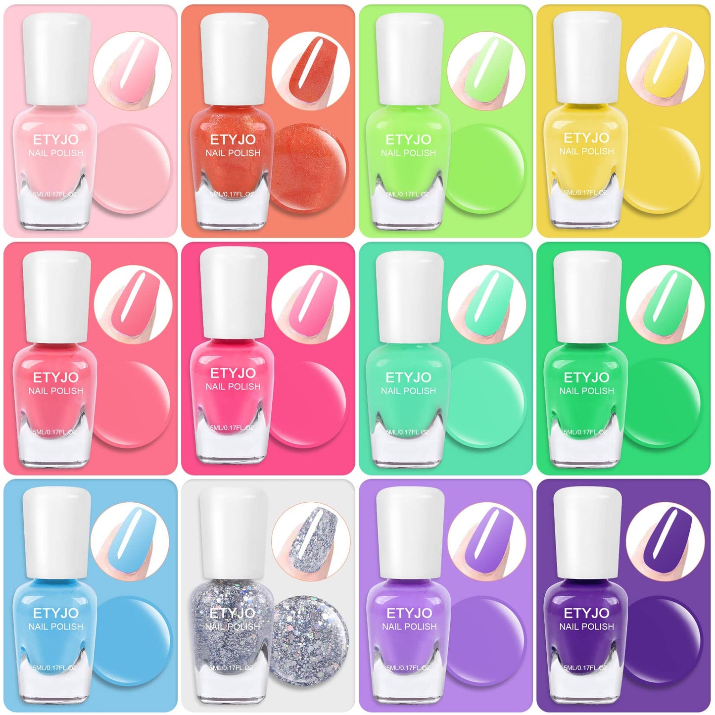 ETYJO Kids Nail Polish Set - Nail Polish for Girls Ages 3-12 | 12 Rainbow Colors | Non-toxic, Water-based, Low Odor | Peel-off, Quick Dry | Children Nail Polish Kit for Teens, Children, and Toddlers