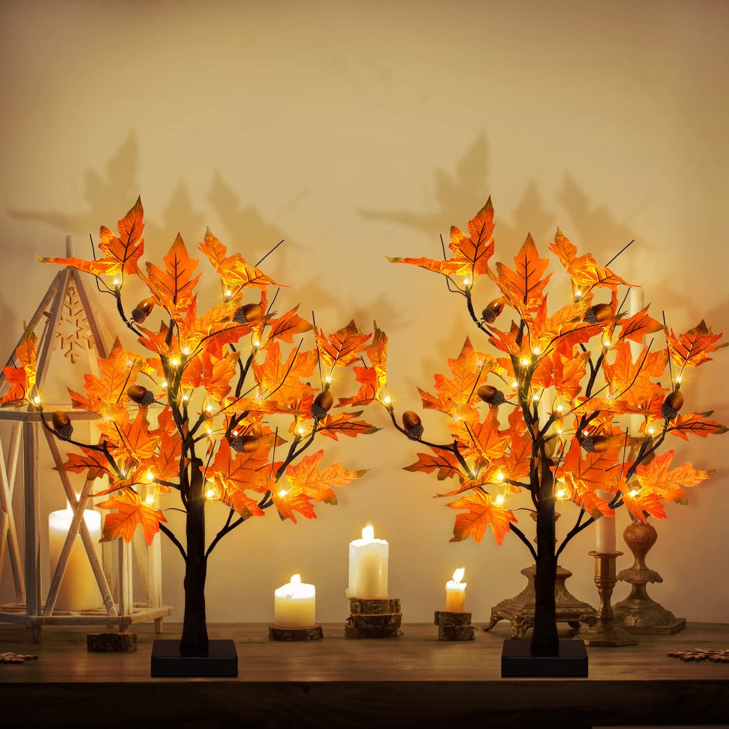 [2 Pack] 24-inch Fall Lighted Maple Tree with Acorns, 48 LED Lights, Battery Operated Thanksgiving Table Centerpieces Decoration Artificial Tree for Home Fireplace Autumn Harvest Tabletop Indoor Decor