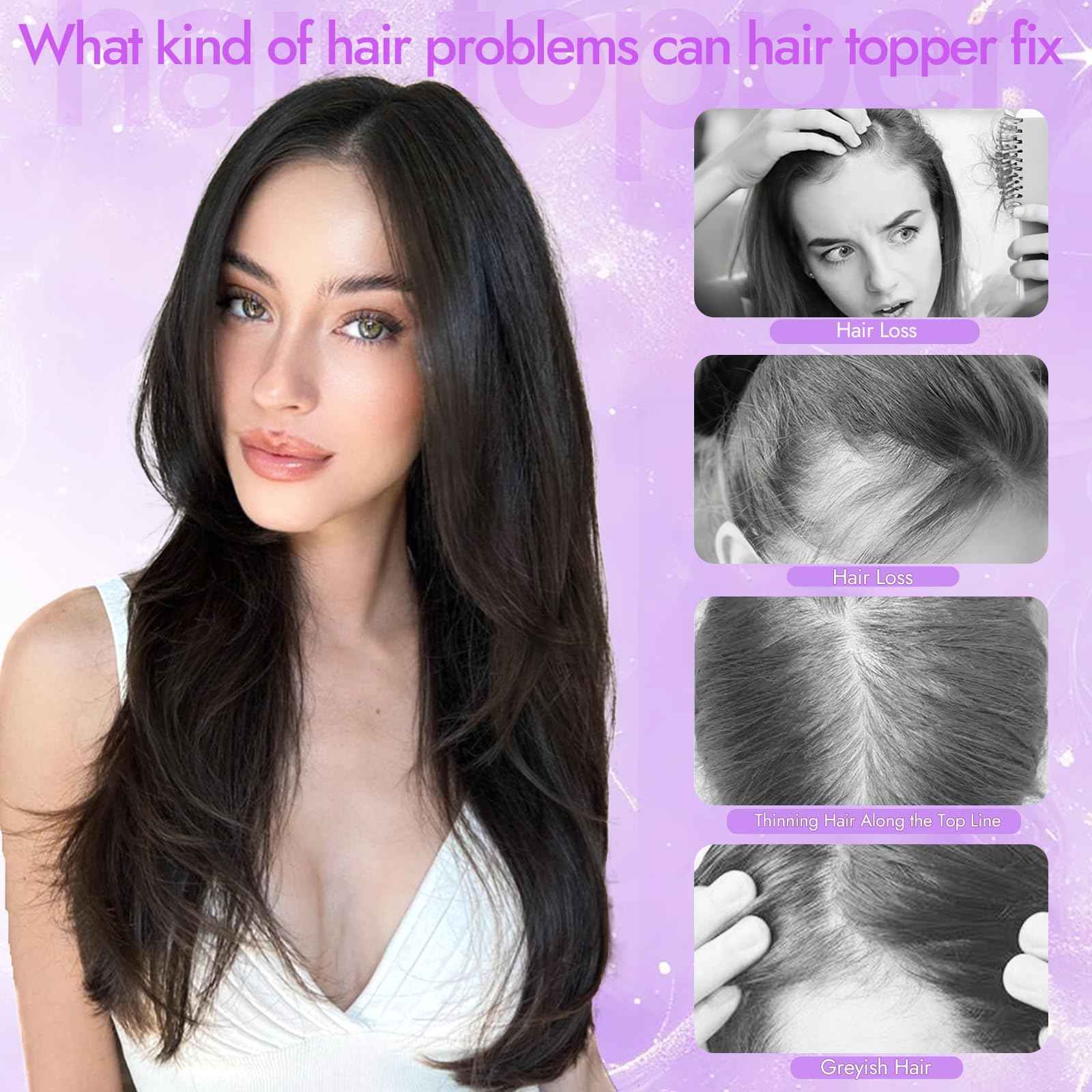 Eawwii Dark Brown Hair Toppers for Women with Thinning 3D 360° Cover Clip in Wispy Bangs Upgraded Adjustable Bandage 24 Inch Long Layered