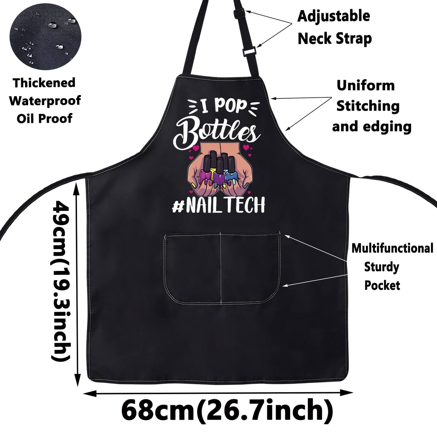 WZMPA Nail Tech Aprons With Pocket Nail Artist Gifts I Pop Bottles Nail Technician Apron For Nail Salons Nails Stylist (Nail Tech Black)