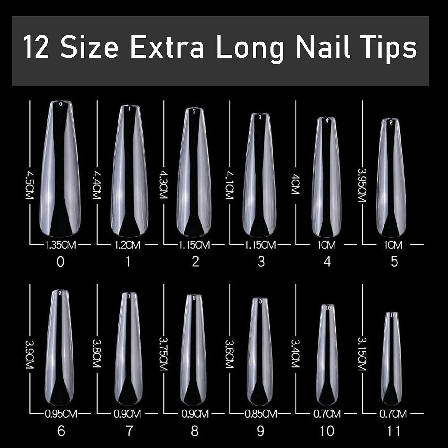 AddFavor 240pcs Coffin Acrylic Nail Tips XXL Ballerina Extra Long Artificial Fake Nails Clear Full Cover False Nails 12 Sizes for Women and Girls Nail Design