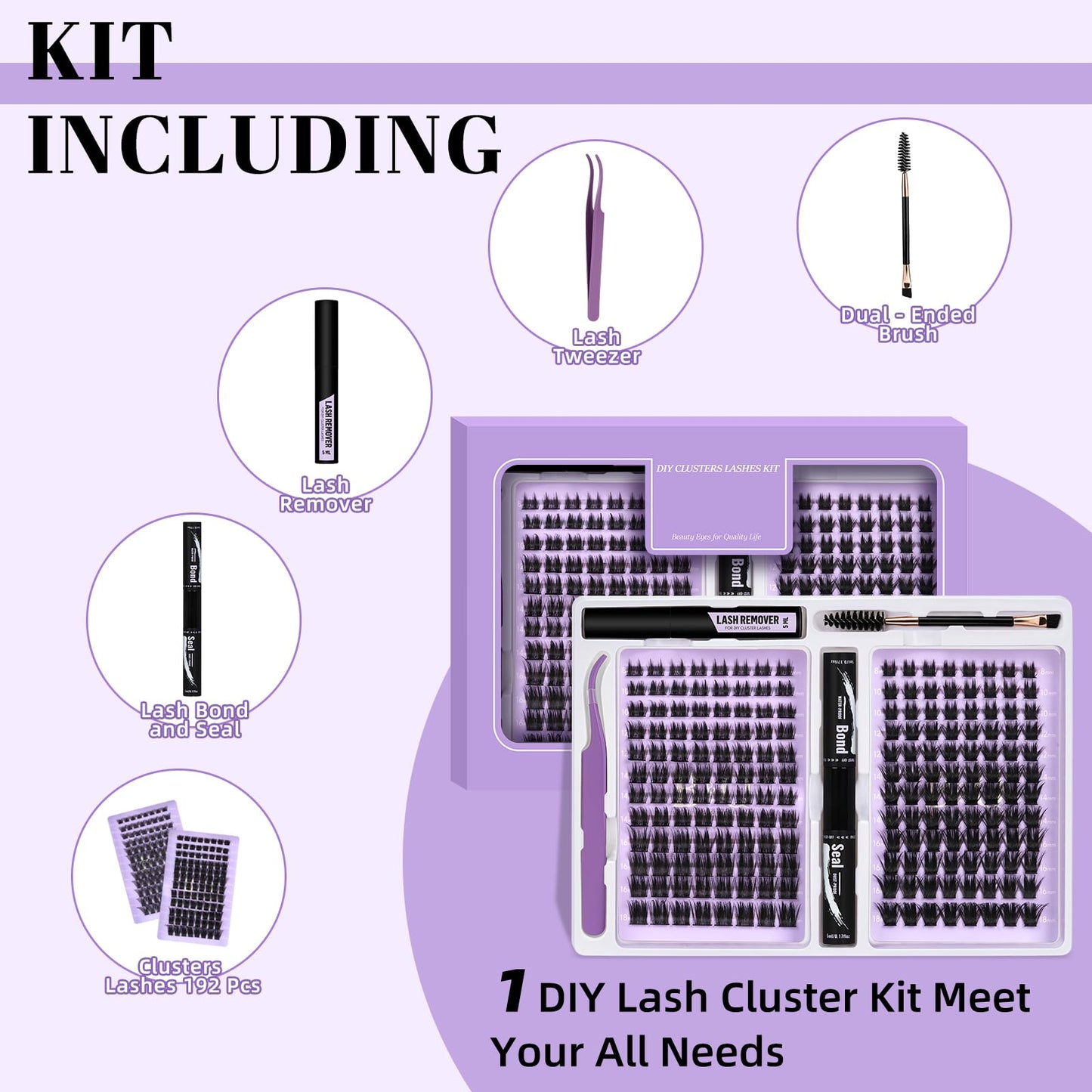 DIY Lash Extension Kit Cluster Lashes 192 PCS Individual Lash Clusters DIY Extension Kit Clusters Volume False Lashes Wispy with Lash Glue and Remover Applications (B52+B53Kit,8-18MIX)