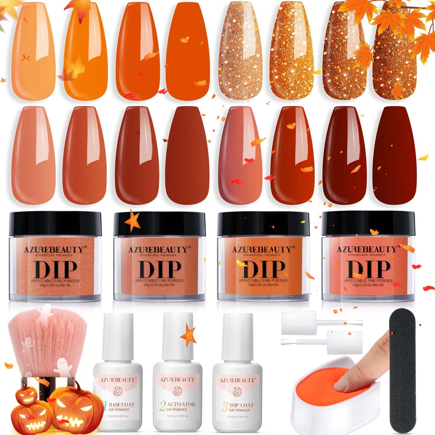 AZUREBEAUTY Dip Powder Nail Kit Starter, Orange Brown Glitter, 4 Fall Pumpkin Maple Dark Colors Set, French Halloween Nail Art Base Top Coat Activator Essential Liquid Manicure DIY Salon 12 PCS